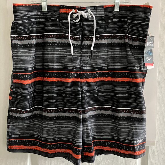 Speedo Men's Size XXL Board Shorts Black Gray Orange Striped Swim Trunks NWT. - Picture 1 of 14